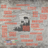 Grafikdesign mit Stadion-Sprüchen wie "Endlich wieder Stadion" und "90 Minuten echte Gefühle". Ideal für Fußballfans, erstellt von easy-sticks, Teil der Plotterdatei "Stadionzeit".
