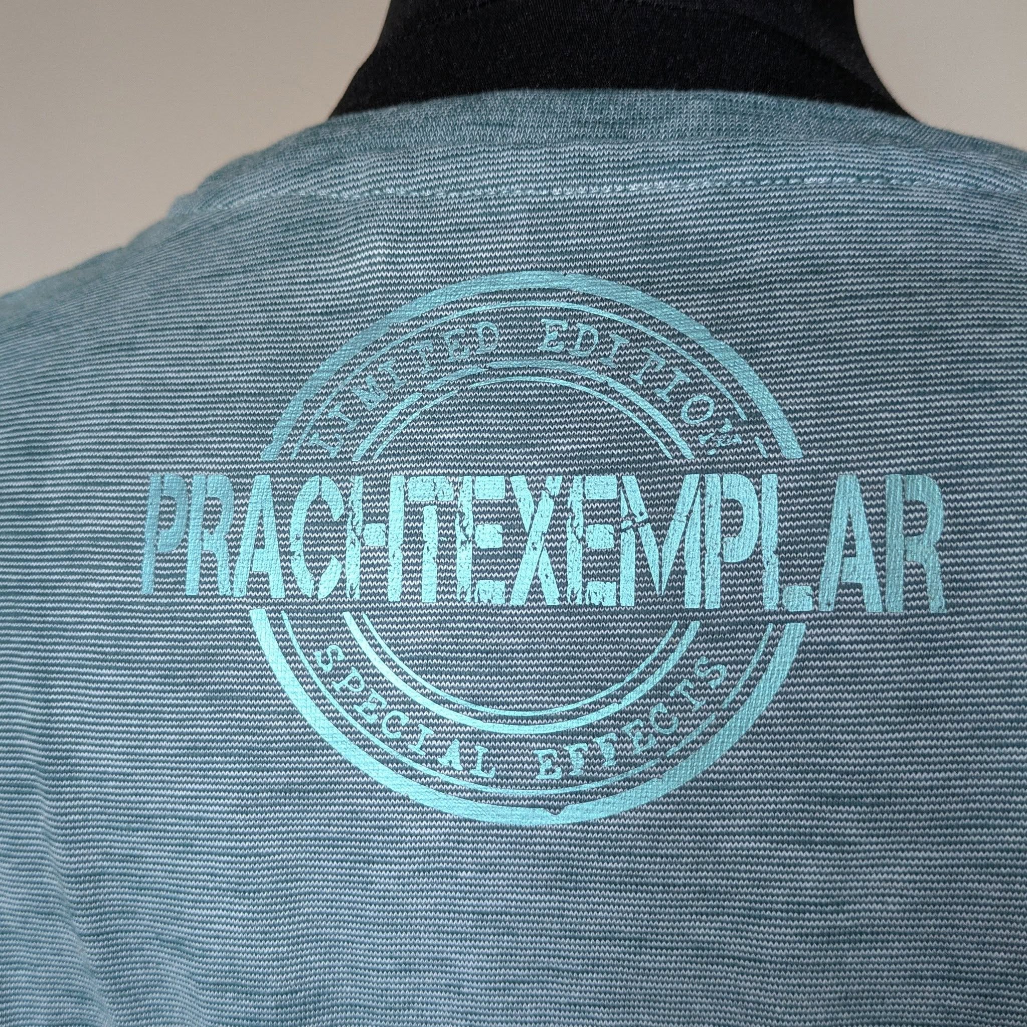 Nahaufnahme eines T-Shirts mit dem in Türkis gedruckten Prachtexemplar Schriftzug, designt von easy-sticks.