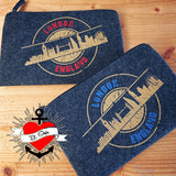 Zwei Filz-Etuis mit dem Design "Stempel Skyline London" von easy-sticks, gefertigt mit der Plotterdatei, die die Londoner Landmarken im kreativen Stil abbildet.