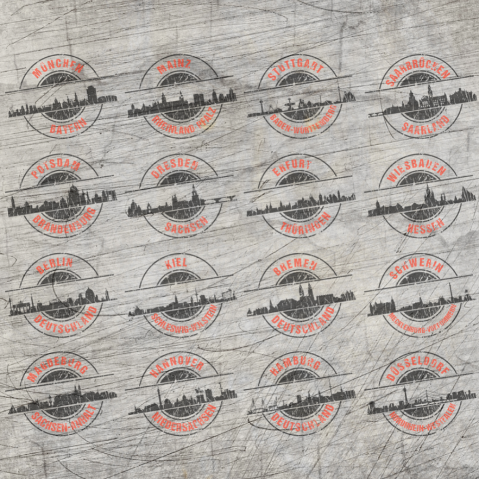 Stempel Skyline Set 16 Landeshauptstädte von easy-sticks, zeigt ein kreatives Design mit Skyline-Abbildungen deutscher Landeshauptstädte, auf rustikalem Hintergrund angeordnet.