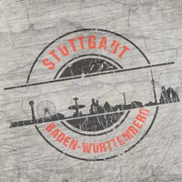 Stylische Skyline Stuttgart Grafik in einem kreisförmigen Design, erhältlich als Plotterdatei von easy-sticks für kreative Projekte.