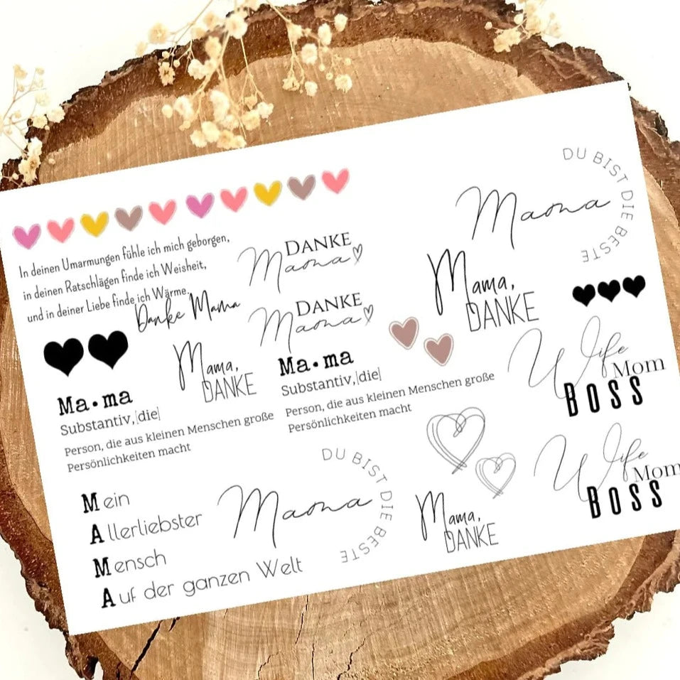 Rub On UV Sticker von easy-sticks, Motiv für den Muttertag, dekorativ mit Herzen und liebevollen Sprüchen, ideal zum persönlichen Gestalten von DIY-Projekten.