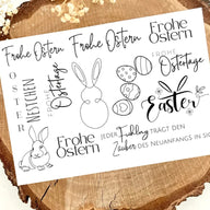 Rub on UV Sticker randlos Ostern 1 A5 von easy-sticks, zeigt fröhliche Ostermotive mit Hasen, Eiern und Sprüchen für kreative DIY-Projekte.
