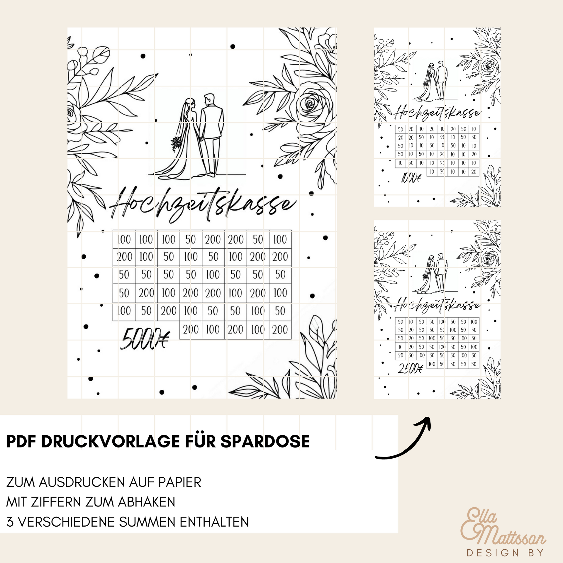 Hochzeitskasse PDF Spardose von easy-sticks: stilvolle Vorlage zum Ausdrucken mit Abhakziffern für geschenkte Bestände, ideal für Verlobte zur Planung der Hochzeitseinsparungen.