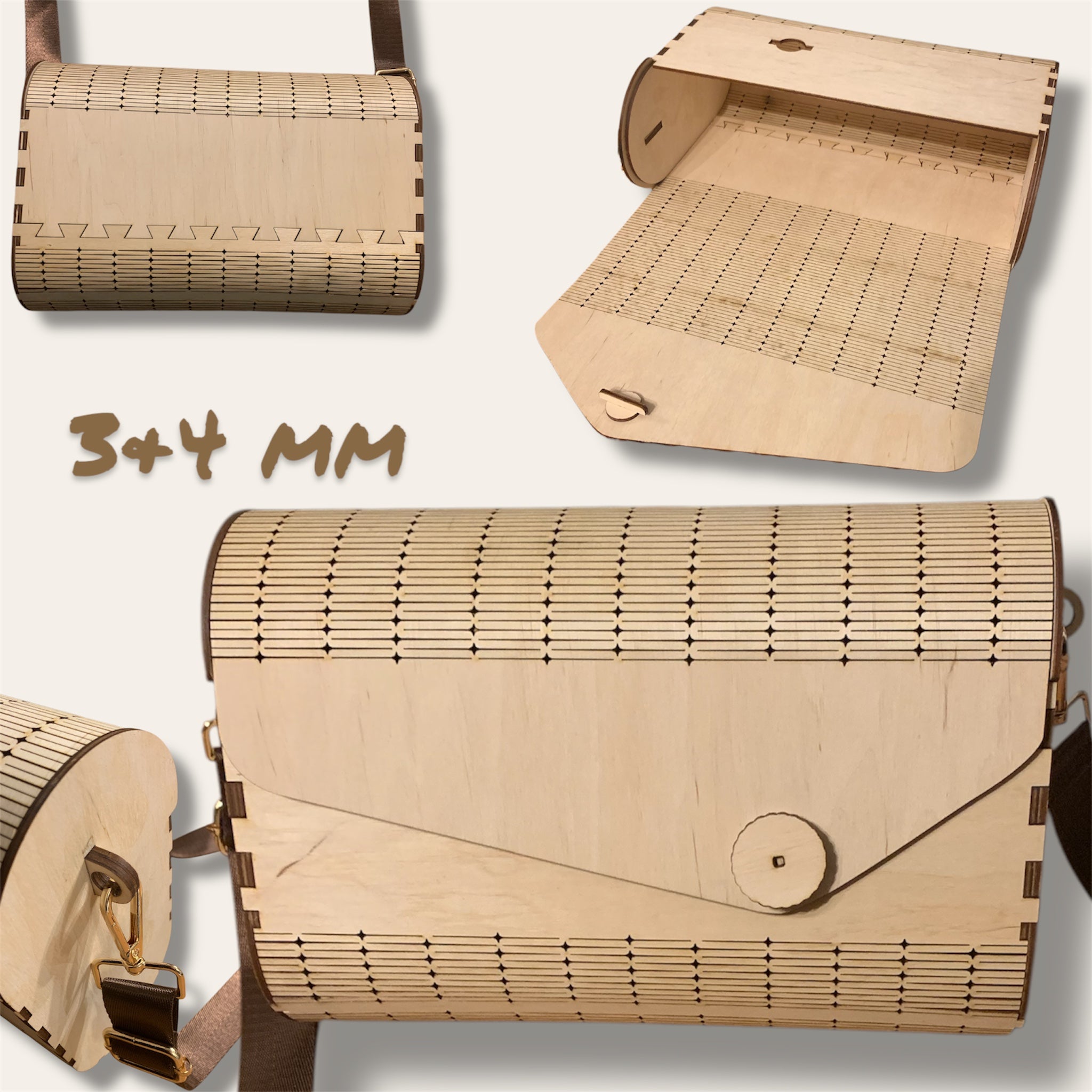 Vielseitige Tasche aus 3&4 mm Laserdatei von easy-sticks, detailreiche Ansicht zeigt die inneren Fächer und das ansprechende Design.