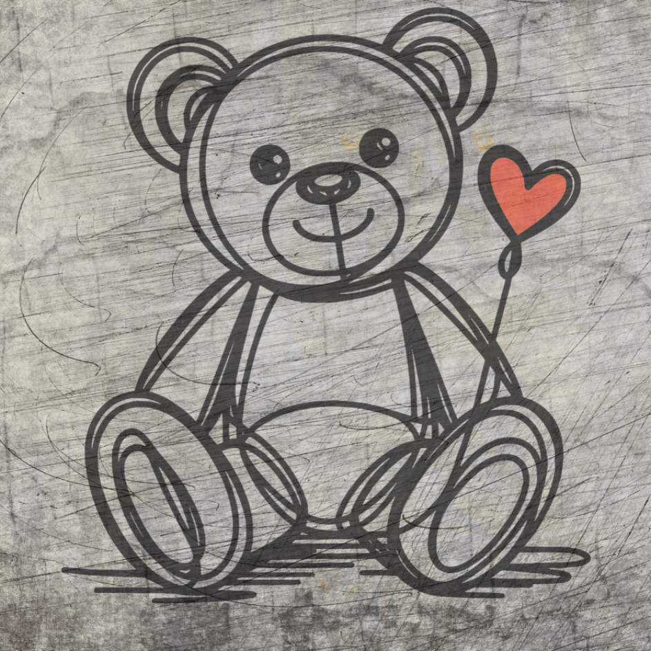 Ein grafisches Bild eines niedlichen Teddybären mit einem roten Herz, das seine fröhliche Ausstrahlung unterstreicht. Perfekt zum Nutzen mit der Plotter Datei "Teddy mit Herz" von easy-sticks.