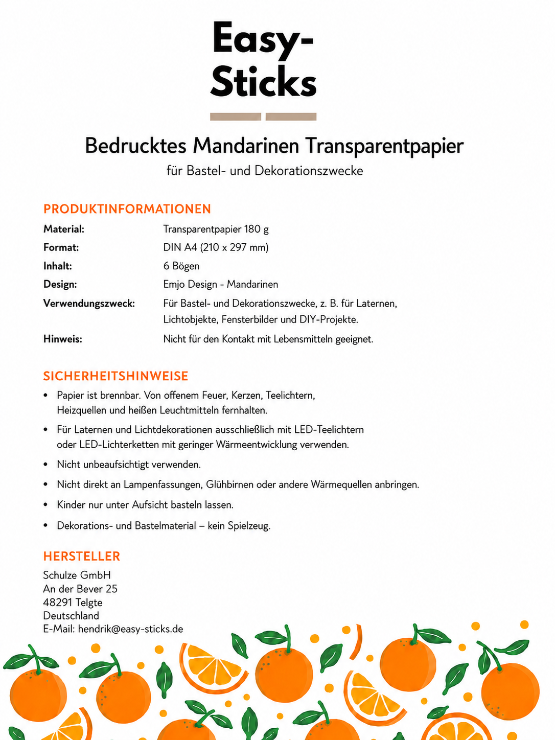 Mandarinen Transparentpapier A4 – 6 Bögen | Easy-Sticks
