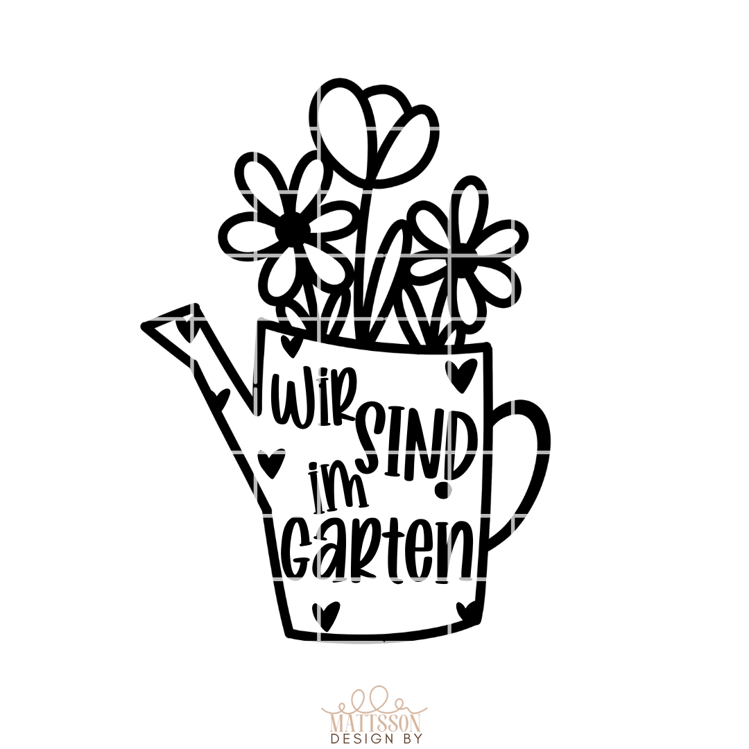 Minimalistisches Design einer Gießkanne mit dem Text 'Wir Sind im Garten' von easy-sticks, ideal für kreative Anwendungen und Garten-Dekorationen.