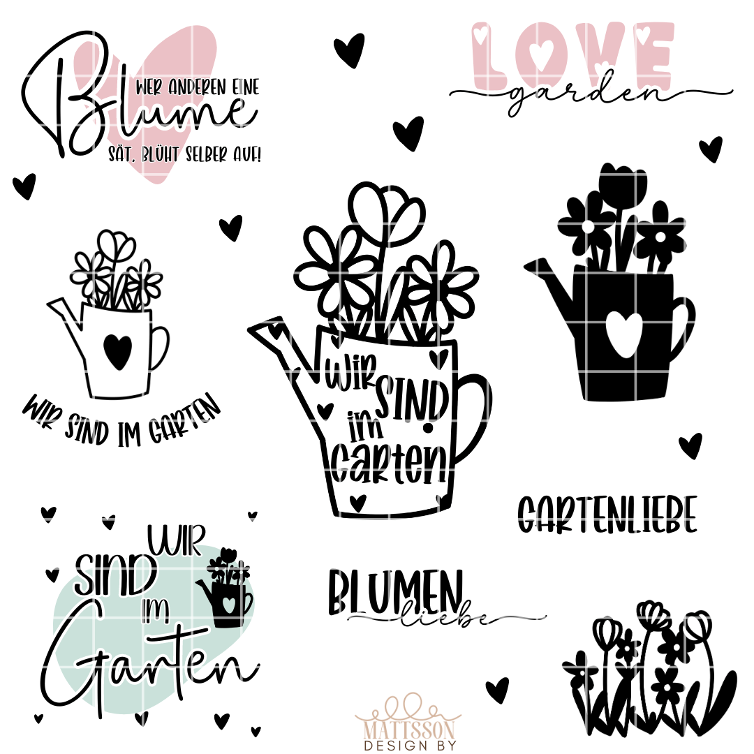 Gartenliebe Plotterdateien Bundle von easy-sticks: Kreative SVG, DXF, PNG, PDF Designs mit Gartenmotiven und dezenten Herzen für Ihre DIY-Projekte.