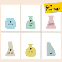 Kreative DIY Karten mit Vasen-Motiven im 6er Set zum Ausdrucken von easy-sticks - ideal für Anlässe wie Geburtstage und Hochzeiten.