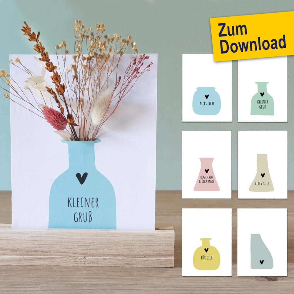DIY Karten Set mit Vasen-Motiven von easy-sticks, enthält eine Karte mit einer stilvollen Vase und Trockenblumen - perfektes Bastelprojekt zum Ausdrucken für kreative Anlässe.