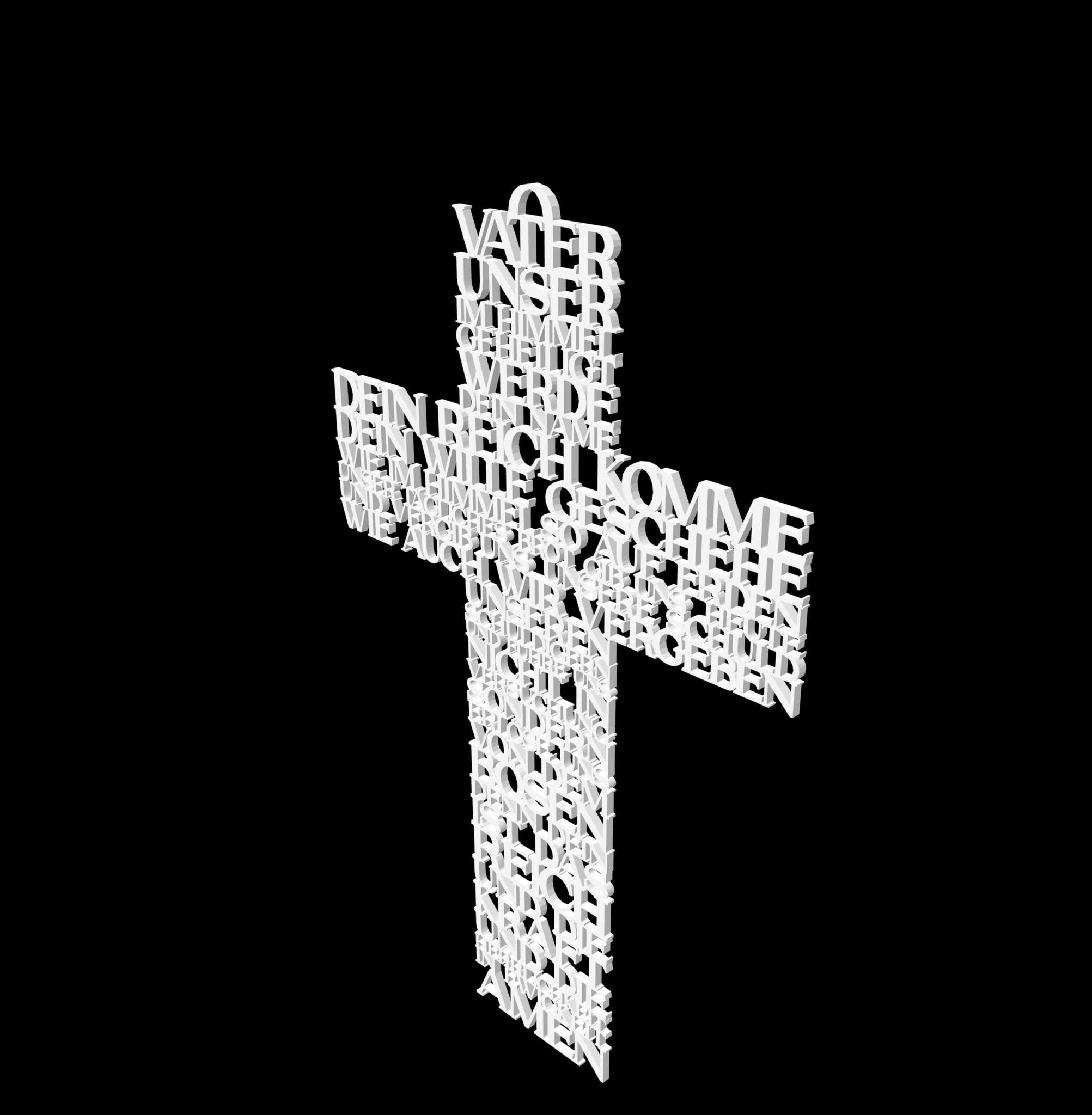 Vater Unser Kreuz Plotter- und Laserdatei von easy-sticks, künstlerisches Design eines Kreuzes aus typografischen Elementen auf schwarzem Hintergrund, ideal für kreative Projekte und DIY-Bastelarbeiten.