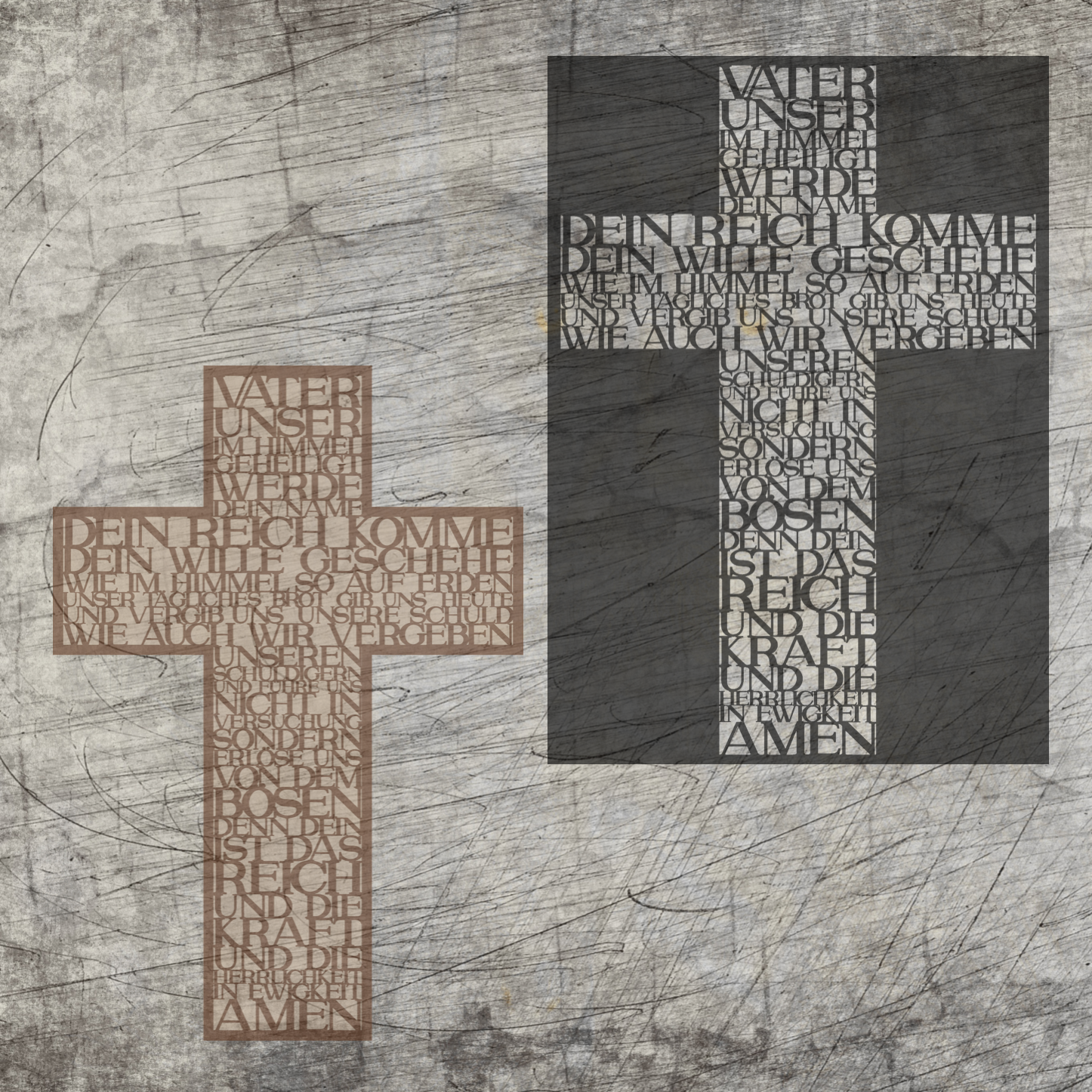 Zwei farbige VATER UNSER Kreuze von easy-sticks wirken elegant im Design. Das linke Kreuz ist braun, während das rechte Schwarz ist, beide zeigen den Text des Gebets.