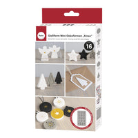 Silikon Gießform Mini-Dekoformen Xmas von easy-sticks; enthält 16 Formen mit verschiedenen Weihnachtsmotiven wie Engel, Sterne und Tannenbäume für kreative Bastelprojekte.