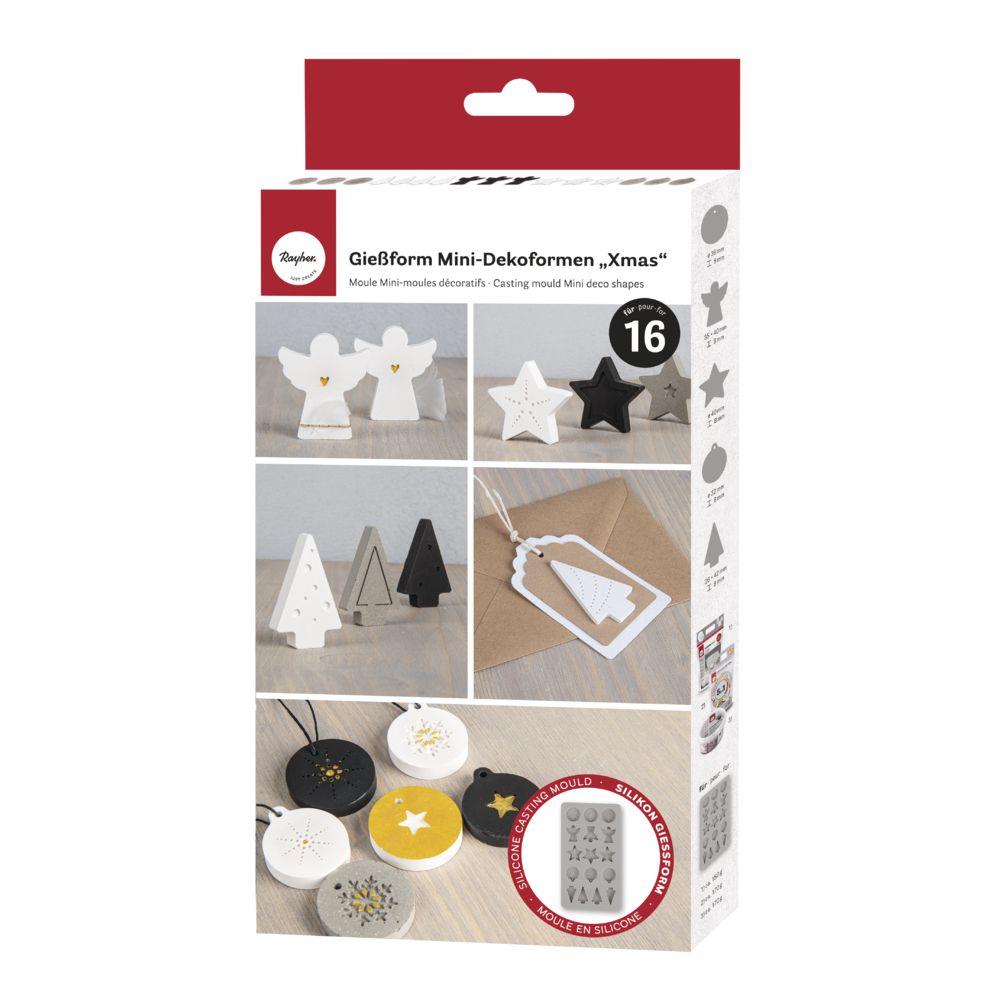 Silikon Gießform Mini-Dekoformen Xmas von easy-sticks; enthält 16 Formen mit verschiedenen Weihnachtsmotiven wie Engel, Sterne und Tannenbäume für kreative Bastelprojekte.