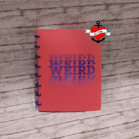 Notizbuch in leuchtendem Rot mit dem auffälligen "Weird" Logo von B. Style, das Kreativität inspiriert.