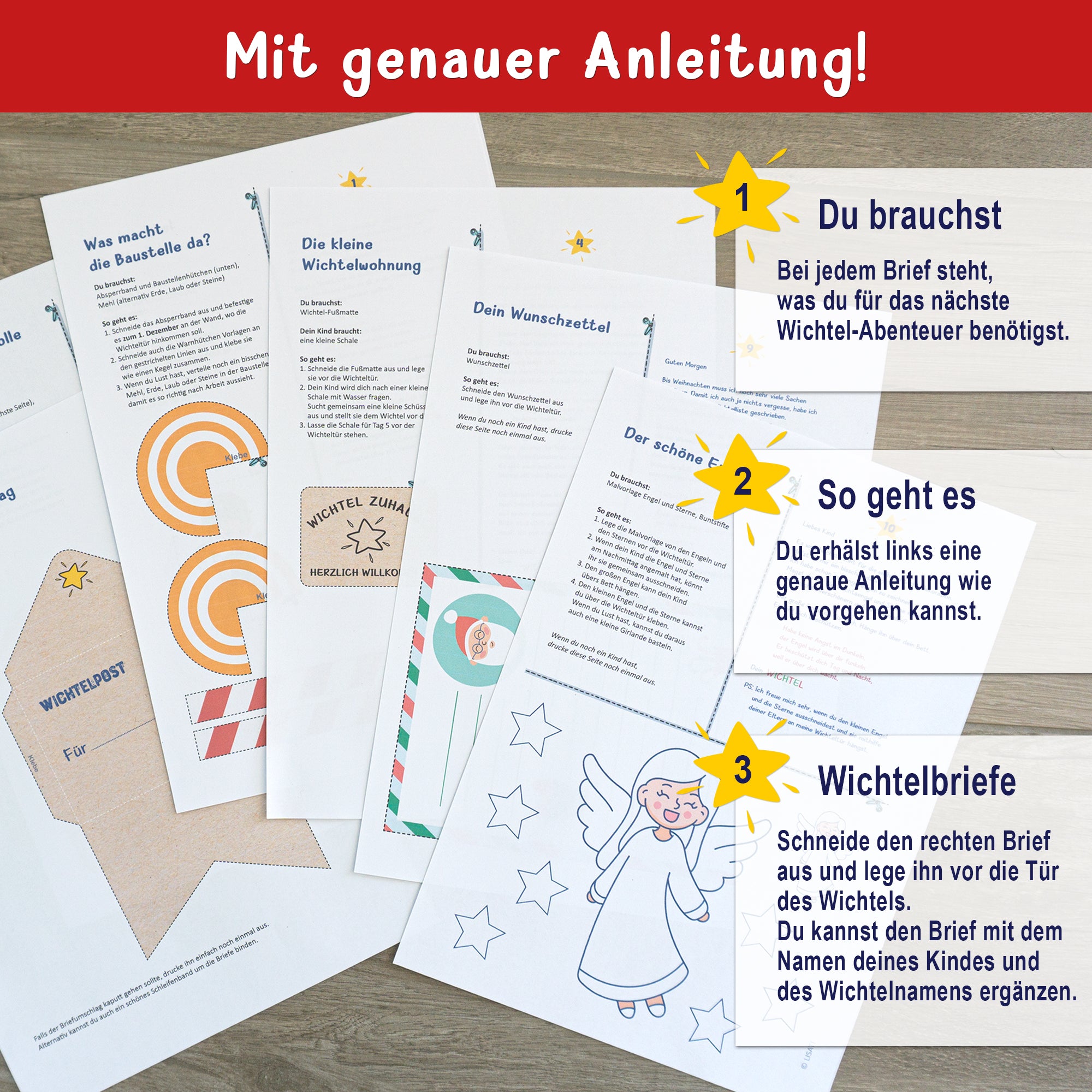 Zauberhafte Wichtelbriefe von easy-sticks – Detailansicht des Anleitungsblattes für die aufregenden Wichtel-Abenteuer mit Bastelmaterialien.