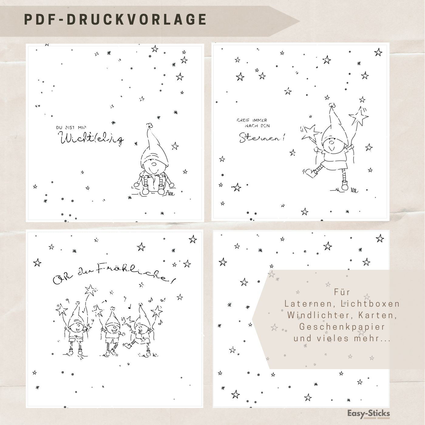 Illustration der PDF Druckvorlage "Du bist mir wichtelig" von easy-sticks, zeigt verschiedene Wichtel und Sterne, ideal für DIY Laternen, Lichtboxen und kreative Bastelprojekte.