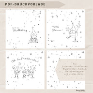 Illustration der PDF Druckvorlage "Du bist mir wichtelig" von easy-sticks, zeigt verschiedene Wichtel und Sterne, ideal für DIY Laternen, Lichtboxen und kreative Bastelprojekte.