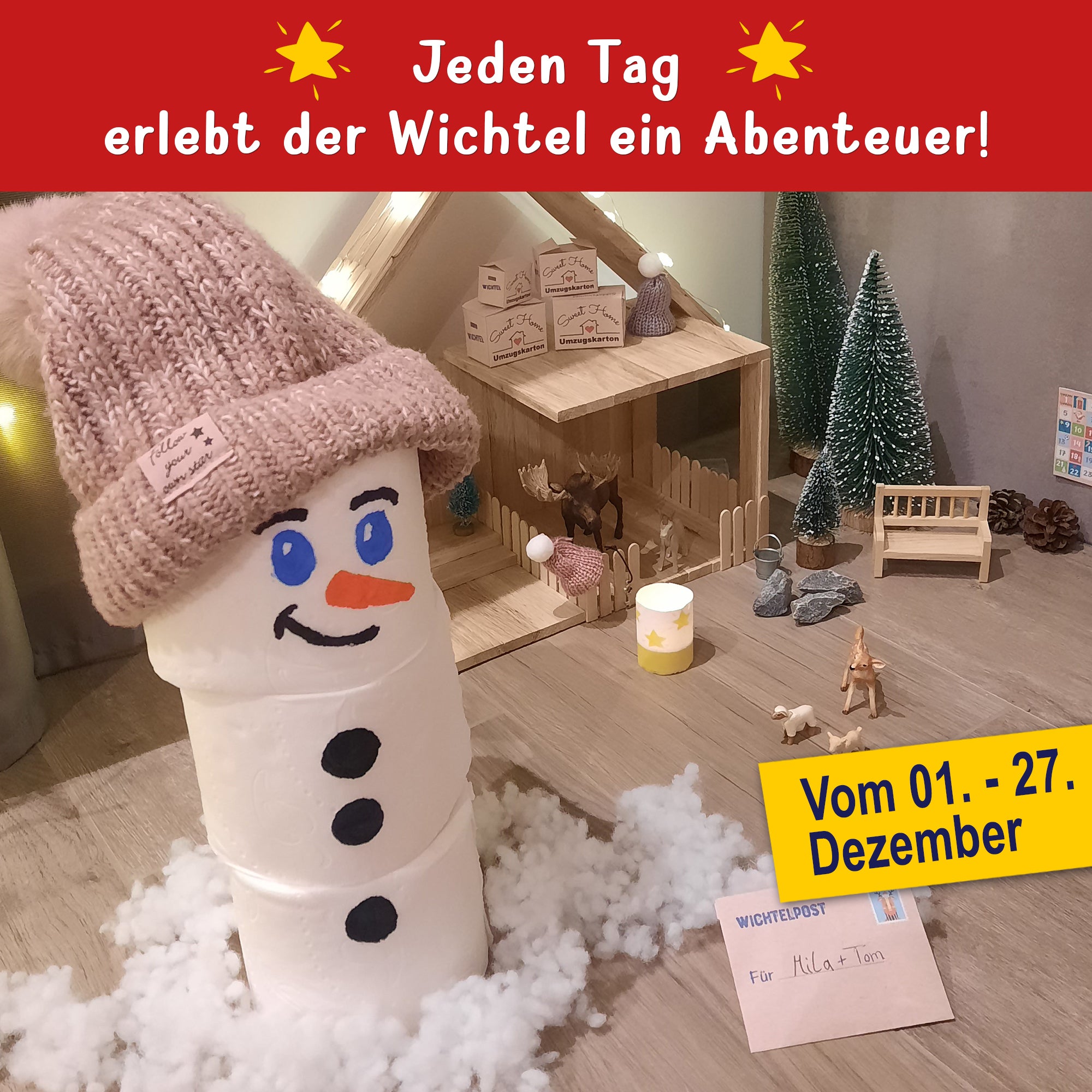 Schneemann in einem Weihnachtsabenteuer mit mysteriöser Wichtel-Post, passend zum Produkt 'Der Wichtel Schabernack mit dem reimenden Wichtel geht weiter (2. Jahr mit deinem Wichtel)', erhältlich bei easy-sticks.