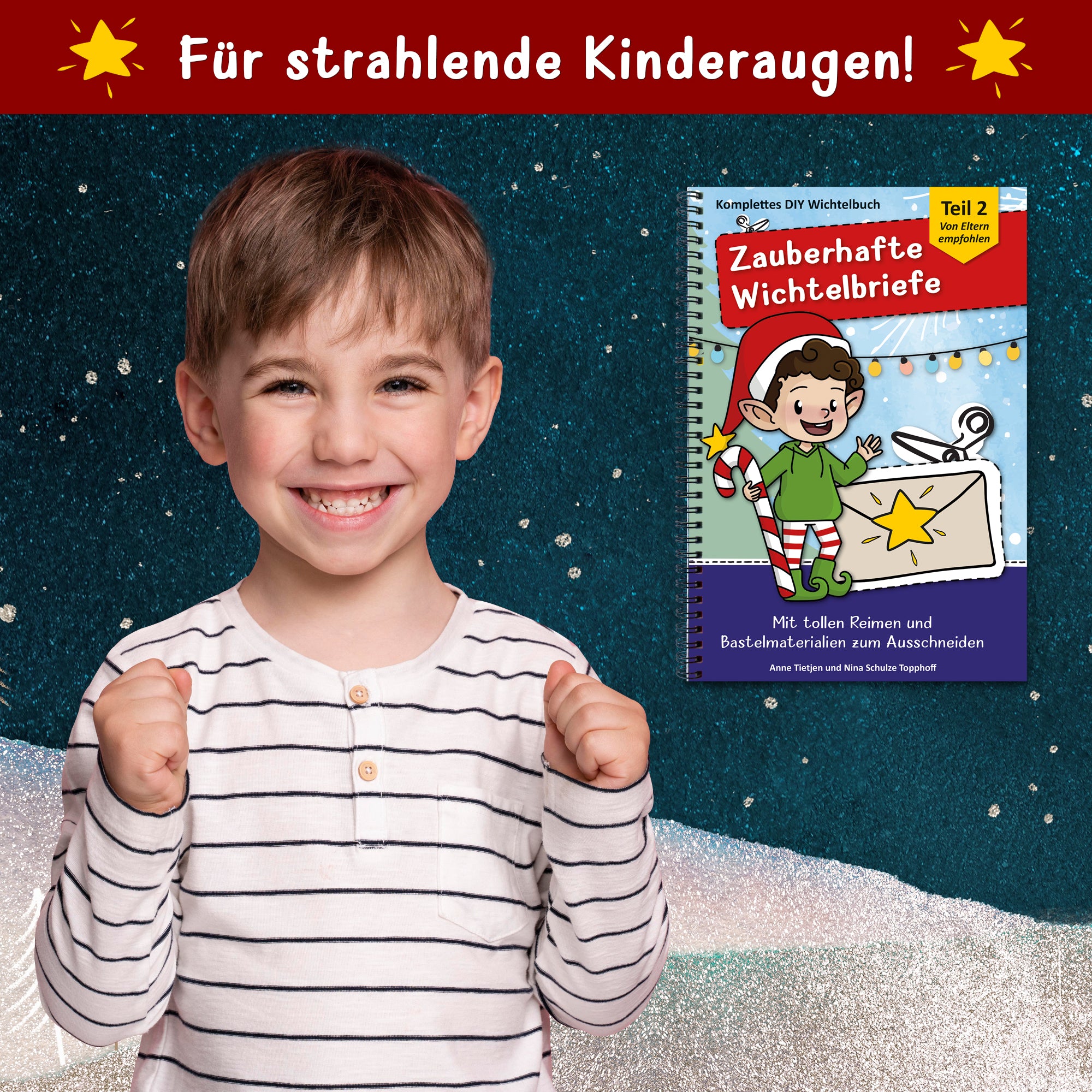 Ein fröhlicher Junge mit einem breiten Lächeln zeigt begeistert seine Hände, während er im Hintergrund von einem glitzernden, winterlichen Szenario umgeben ist. Im Vordergrund ist das Produkt 'Wichtelbriefe Mit Zubehör – 27 Abenteuer-Briefe für ein magisches 2. Wichteljahr zu Weihnachten' von easy-sticks abgebildet, das die Vorfreude auf die Adventszeit fördert.