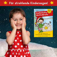 Ein fröhliches Kind mit einer roten Pünktchenkleidung zeigt Freude und Staunen über die zauberhaften Wichtelbriefe für Kinder von easy-sticks, die im 3. Jahr das Abenteuer fortsetzen.