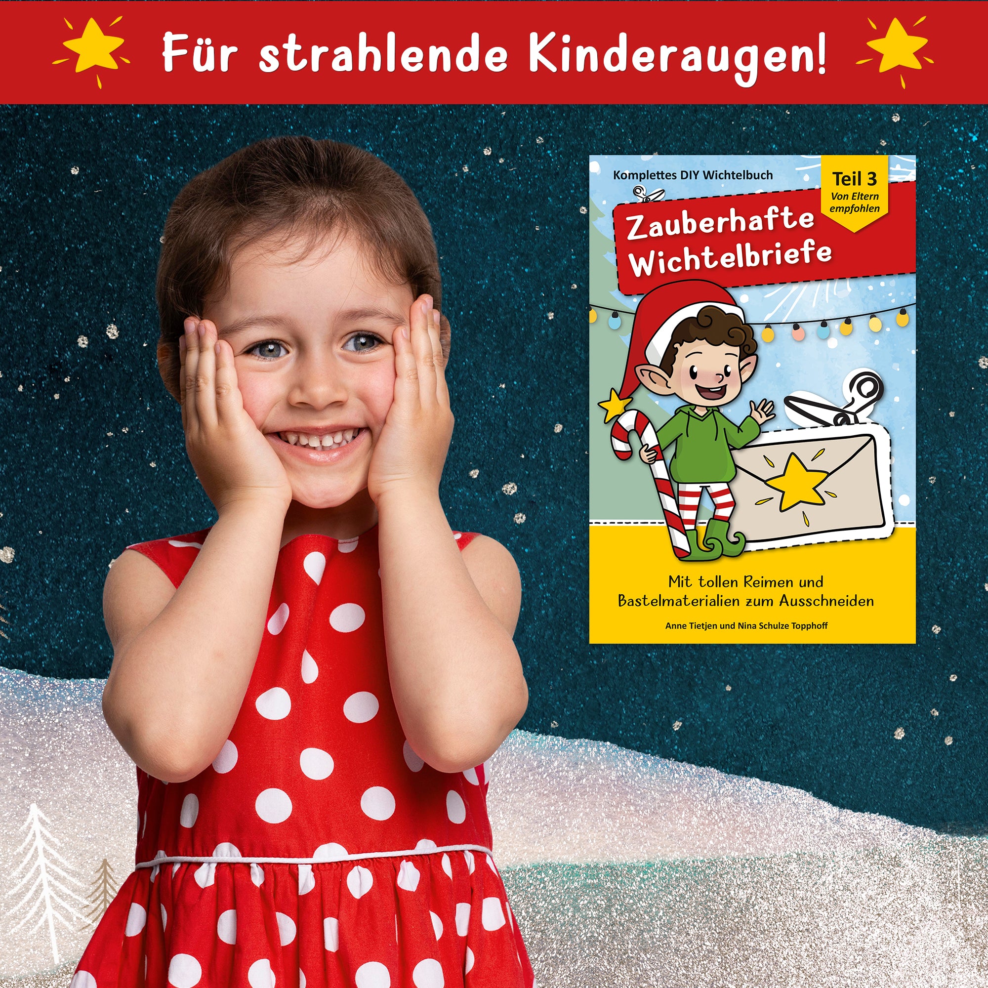 Ein fröhliches Kind mit einer roten Pünktchenkleidung zeigt Freude und Staunen über die zauberhaften Wichtelbriefe für Kinder von easy-sticks, die im 3. Jahr das Abenteuer fortsetzen.