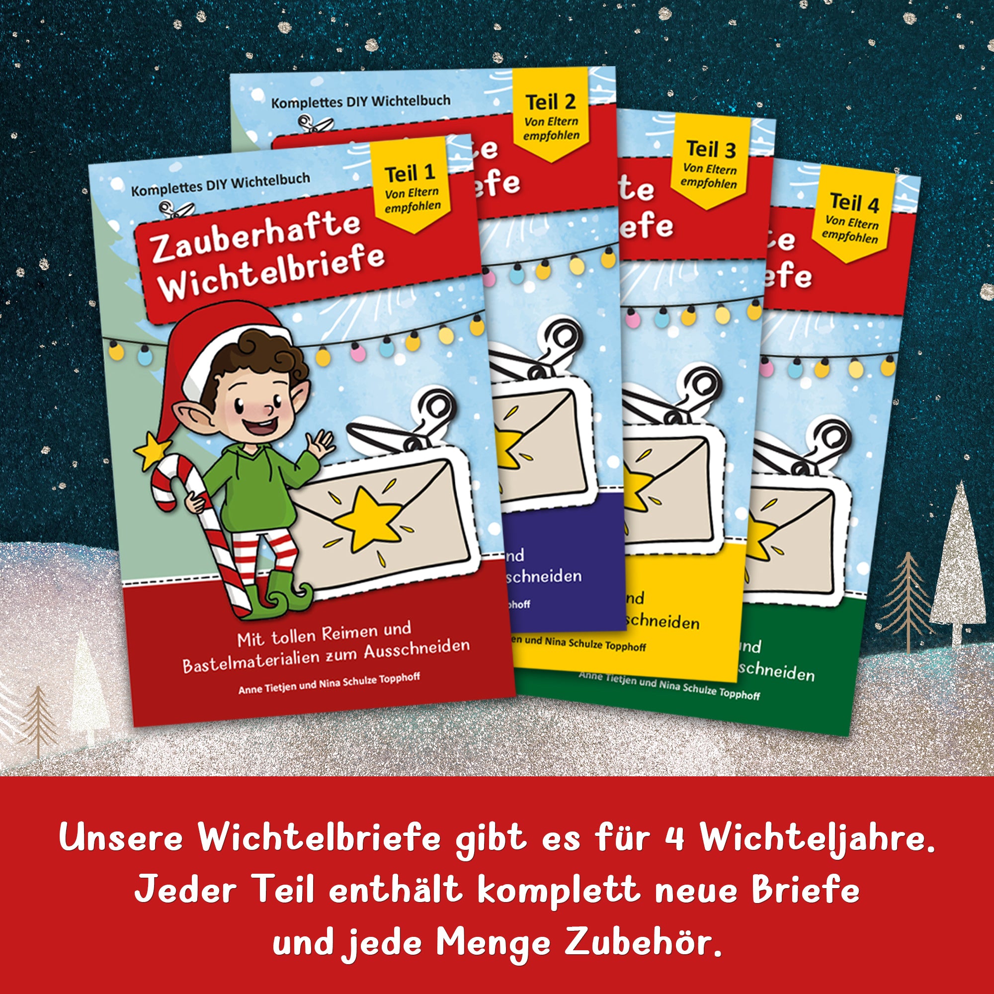 Wichtelbücher mit Bastelanleitungen und Vorlagen von easy-sticks für die Adventszeit, die kleine Laternenerstellungen, Wichteltüren und mehr zeigen.