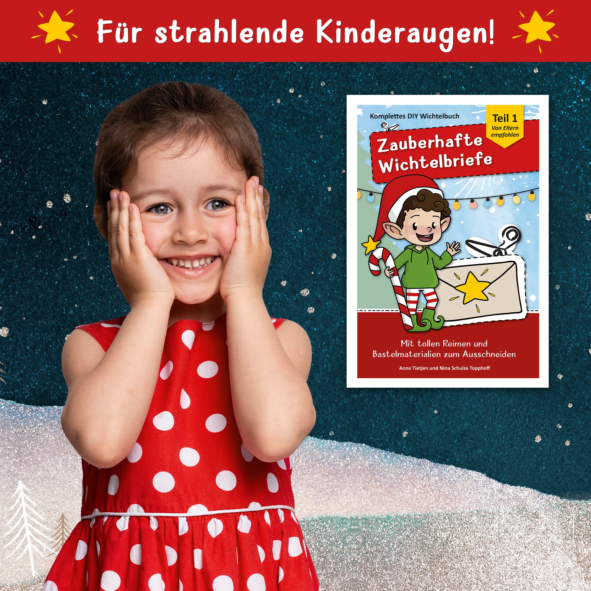 Zauberhafte Wichtelbriefe von easy-sticks – Glänzendes Bild eines glücklichen Kindes, das die Wichtelbriefe voller Freude und Kreativität entdeckt.