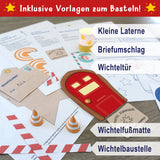 Bastelanleitungen und Vorlagen von easy-sticks für die Adventszeit, die kleine Laternenerstellungen, Wichteltüren und mehr zeigen.