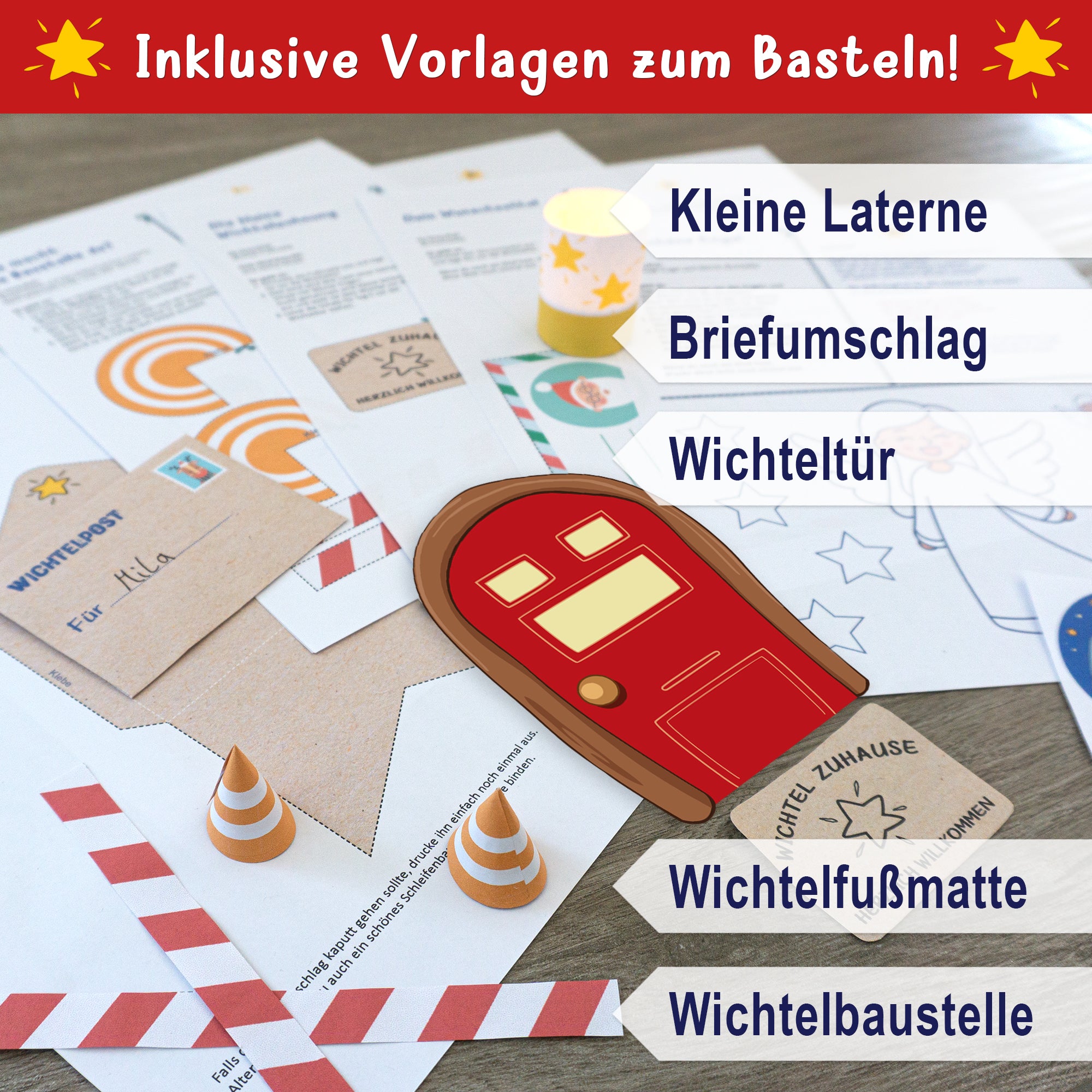 Bastelanleitungen und Vorlagen von easy-sticks für die Adventszeit, die kleine Laternenerstellungen, Wichteltüren und mehr zeigen.