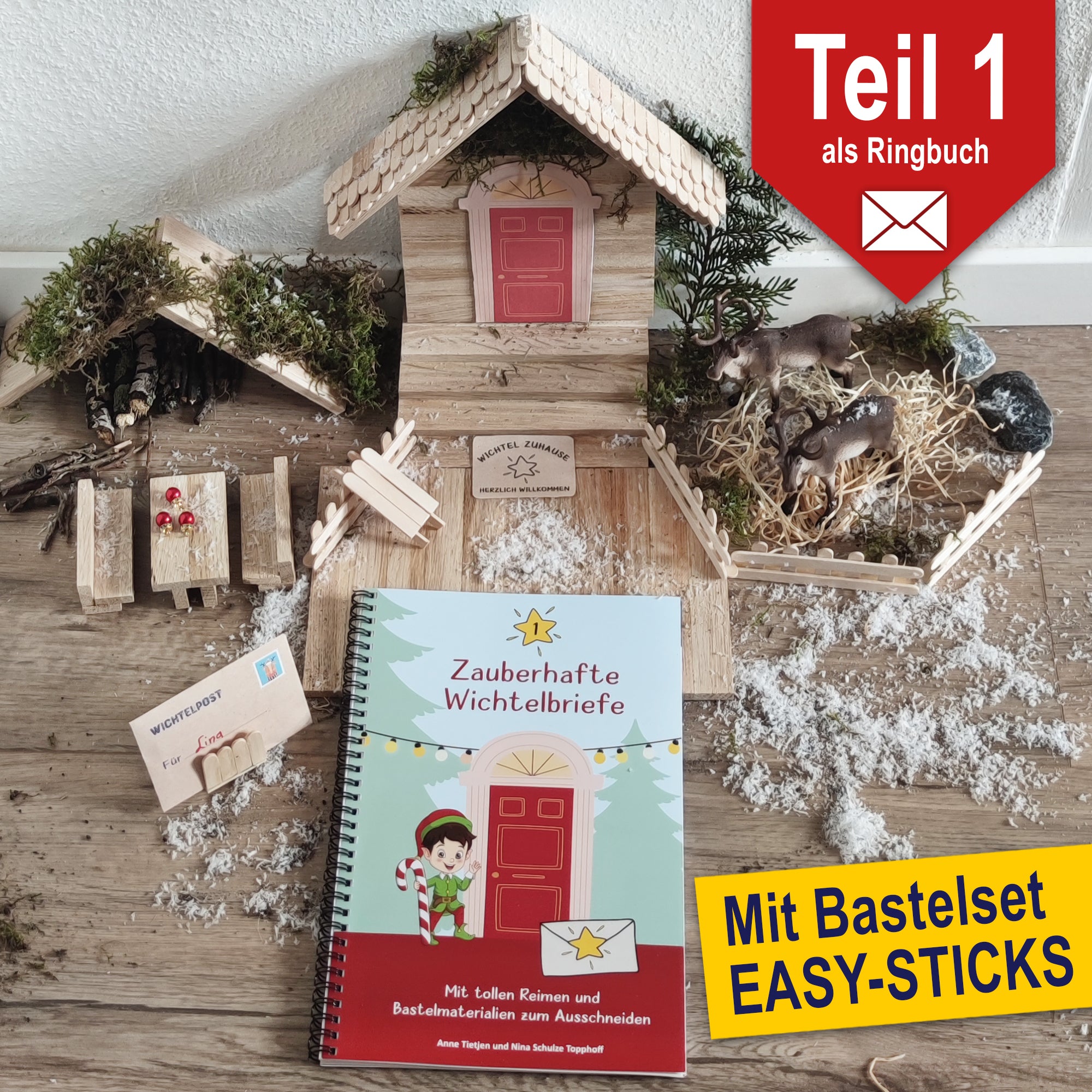 Ein kreatives Arrangement des Easy-Sticks DIY Wichtelsets von easy-sticks, einschließlich Wichtelbriefen und Zubehör. Auf dem Bild sind ein Wichtelhaus, kleine Bastelmaterialien und das Bastelbuch 'Zauberhafte Wichtelbriefe' abgebildet, das eine festliche Vorweihnachtszeit für Kinder verspricht.