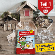 Ein kreatives Arrangement des Easy-Sticks DIY Wichtelsets von easy-sticks, einschließlich Wichtelbriefen und Zubehör. Auf dem Bild sind ein Wichtelhaus, kleine Bastelmaterialien und das Bastelbuch 'Zauberhafte Wichtelbriefe' abgebildet, das eine festliche Vorweihnachtszeit für Kinder verspricht.
