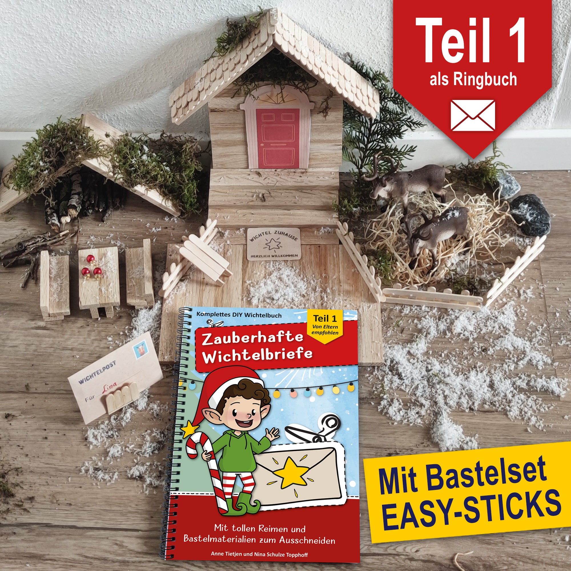 Ein kreatives Arrangement des Easy-Sticks DIY Wichtelsets von easy-sticks, einschließlich Wichtelbriefen und Zubehör. Auf dem Bild sind ein Wichtelhaus, kleine Bastelmaterialien und das Bastelbuch 'Zauberhafte Wichtelbriefe' abgebildet, das eine festliche Vorweihnachtszeit für Kinder verspricht.
