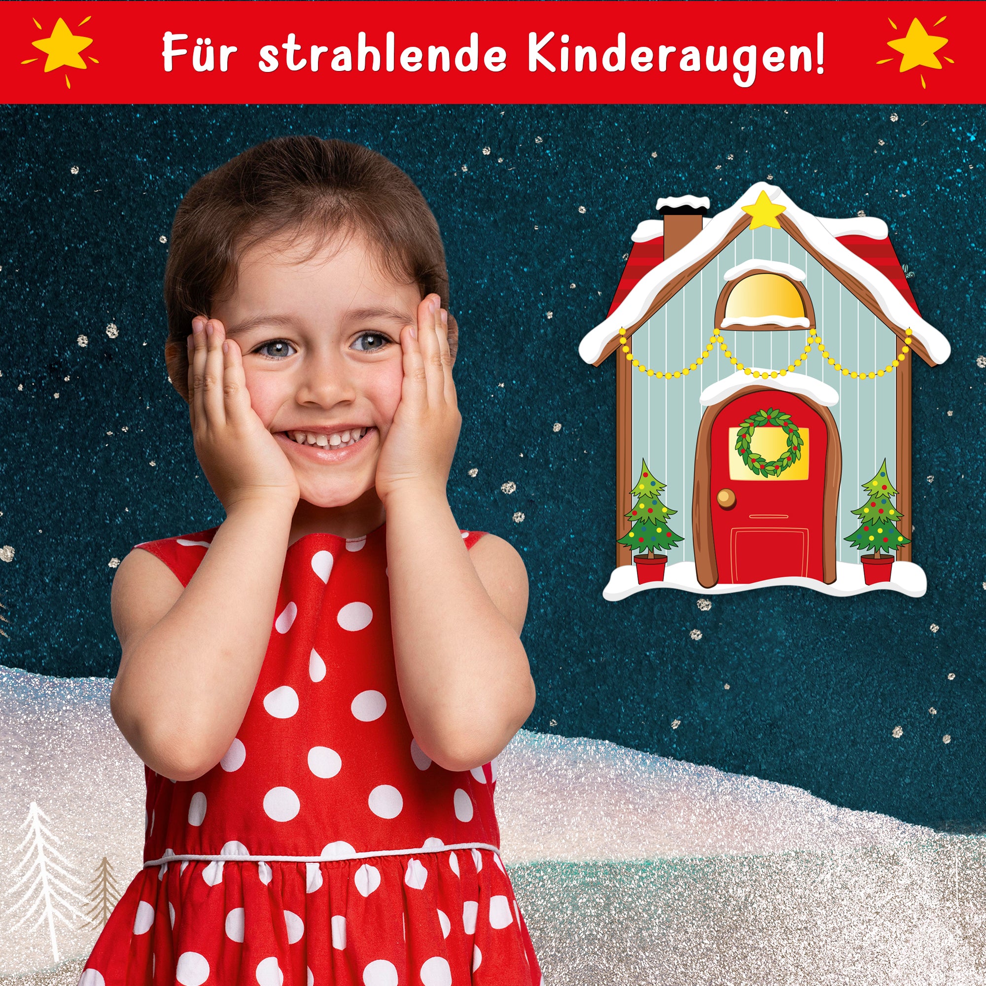 Fröhliches Kind mit rotem Punktekleid und strahlendem Lächeln, umgeben von einem Wichtelhaus zum Ausdrucken von easy-sticks – kreative Wichteltür Alternative zum Dekorieren und Basteln.