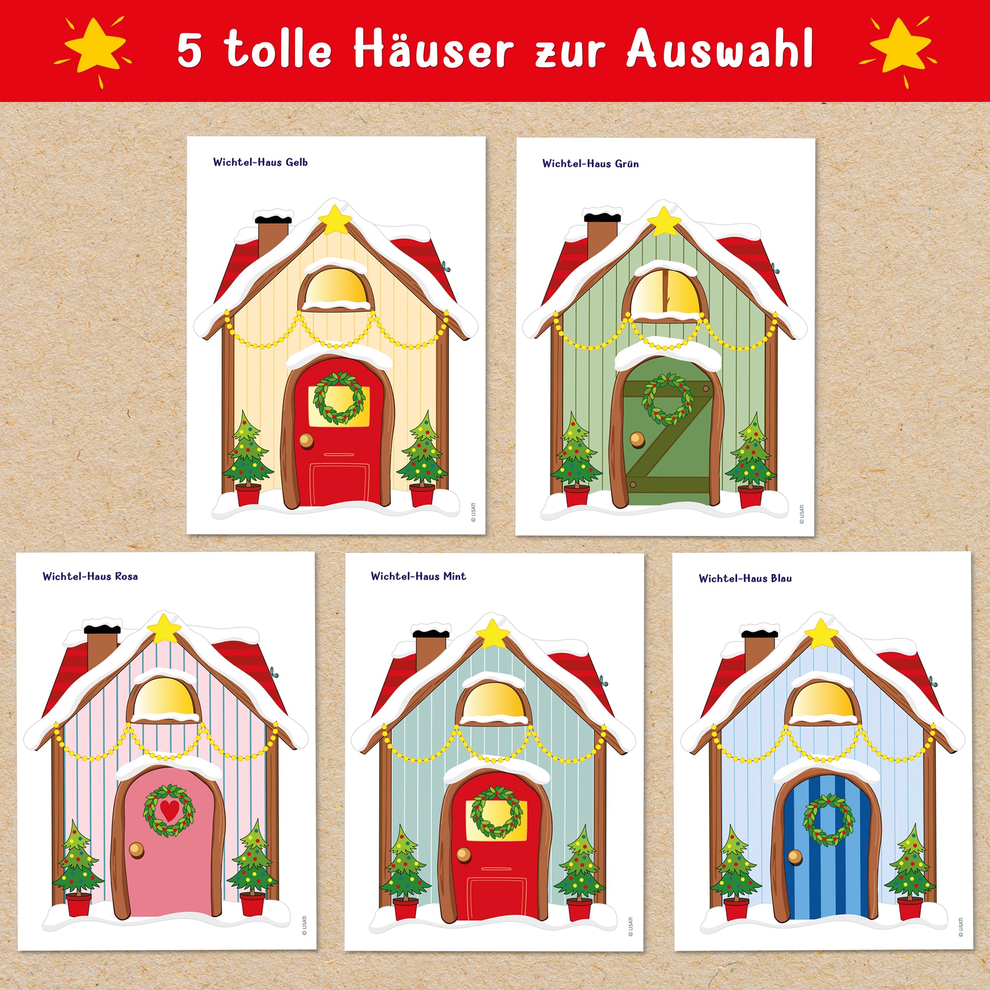 Fünf bezaubernde Wichtelhäuser zur Auswahl von easy-sticks – die perfekte kreative Ergänzung für festliche Dekoration und Bastelprojekte.
