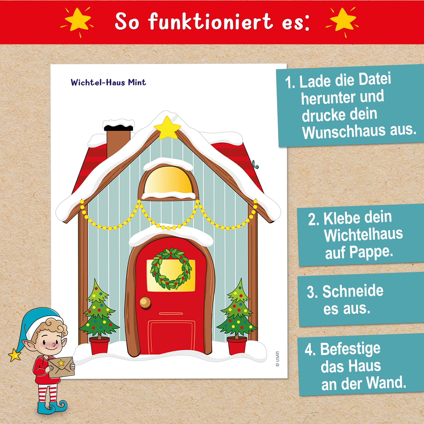 Schritt-für-Schritt Anleitung für das Wichtelhaus von easy-sticks – einfach herunterladen, ausdrucken und basteln für kreative Feiertage.