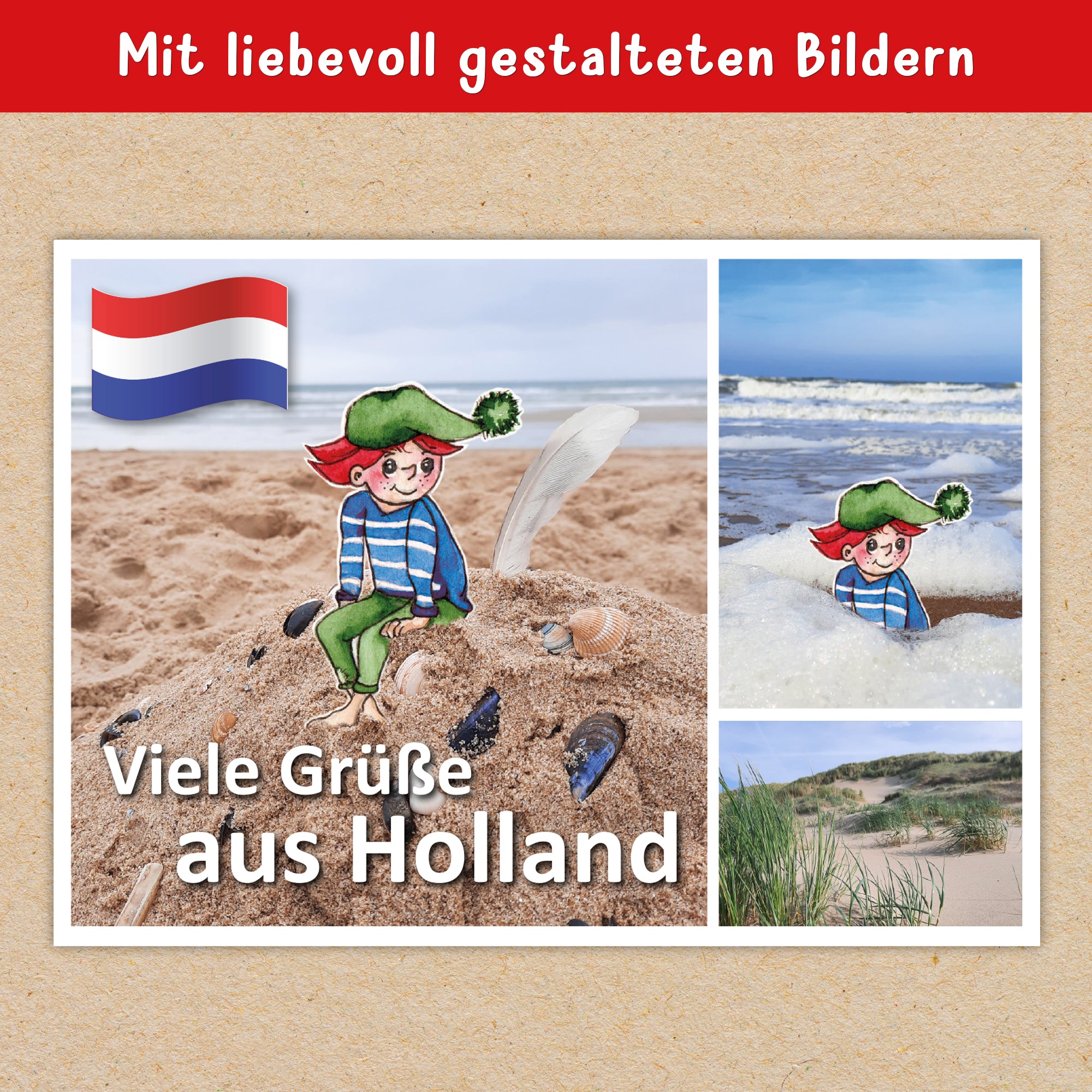 wunderschöne Wichtelgrüße aus Holland. Auf der Postkarte sieht man, wie der Wichtel am Strand auf einem Sandberg sitzt und im Meer badet. Außerdem eine Dünenlandschaft.