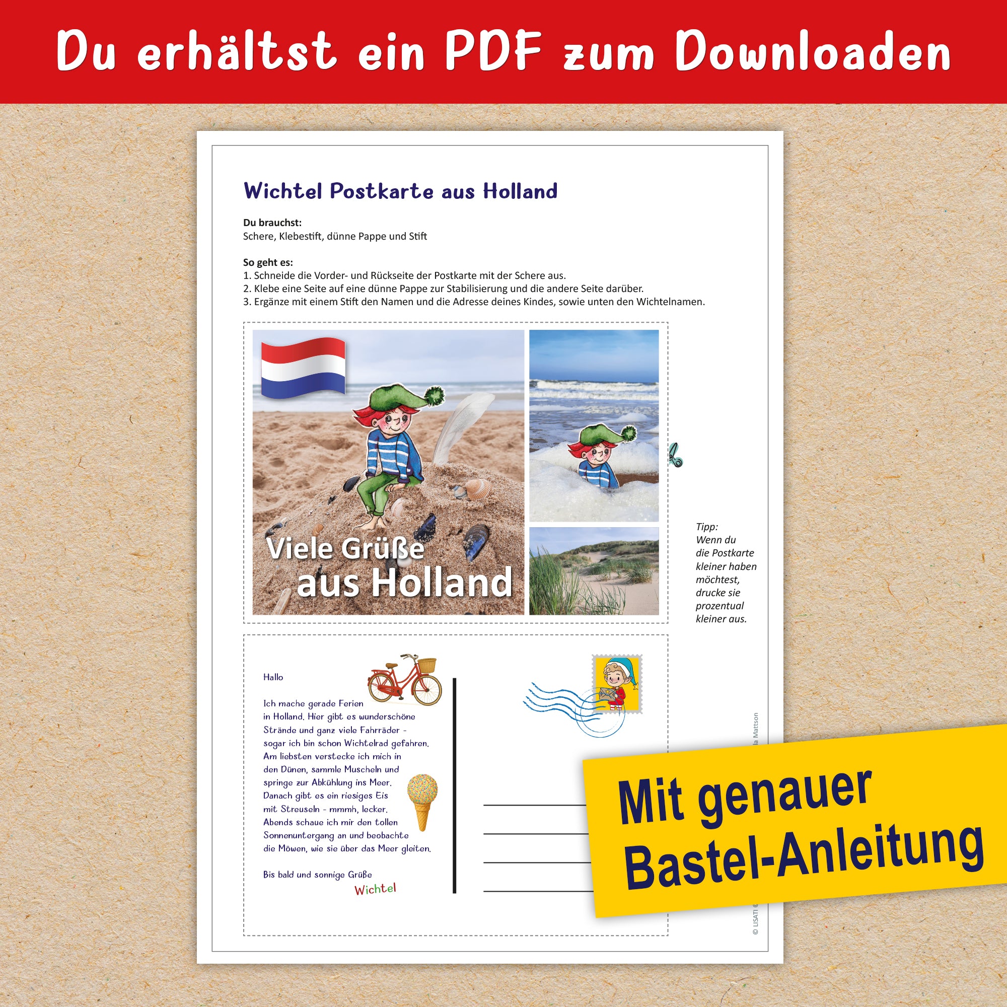 Du erhältst einen Download für ein DINA 4  Blatt mit dem Motiv der Wichtelpostkarte aus Holland. Die Postkarte kannst du einfach ausschneiden, den Namen ergänzen und in den Briefkasten stecken.