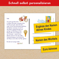 Du erhältst einen Download für ein DINA 4  Blatt mit dem Motiv der Wichtelpostkarte aus Holland. Die Postkarte kannst du einfach ausschneiden, den Namen ergänzen und in den Briefkasten stecken. Auf der Rückseite steht ein schöner Text, was der Wichtel in Holland erlebt. Er fährt Fahrrad, geht im Meer baden, isst jeden Tag Eis und abends schaut er den Möven zu.