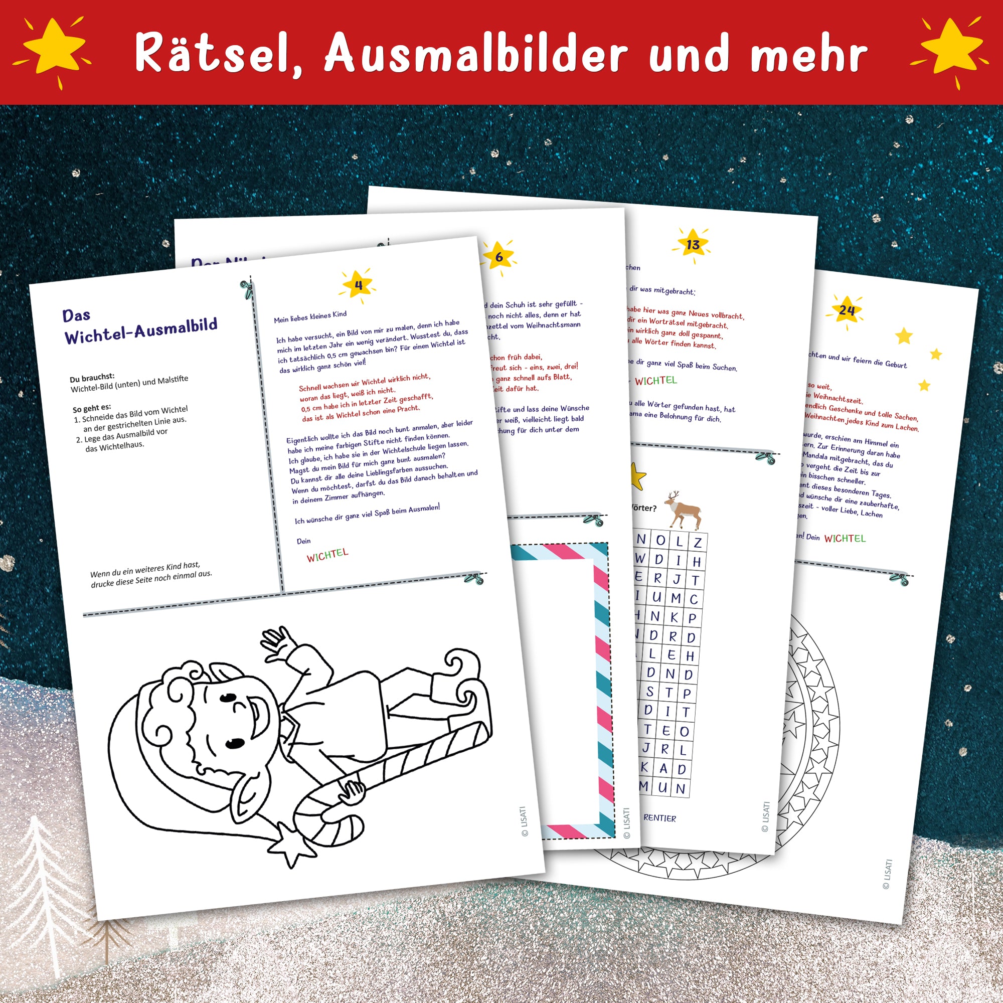 Außerdem erhalten die liebevoll geschriebenen Briefe vom Wichtel jede Menge Ausmalbilder, Rätsel und mehr.