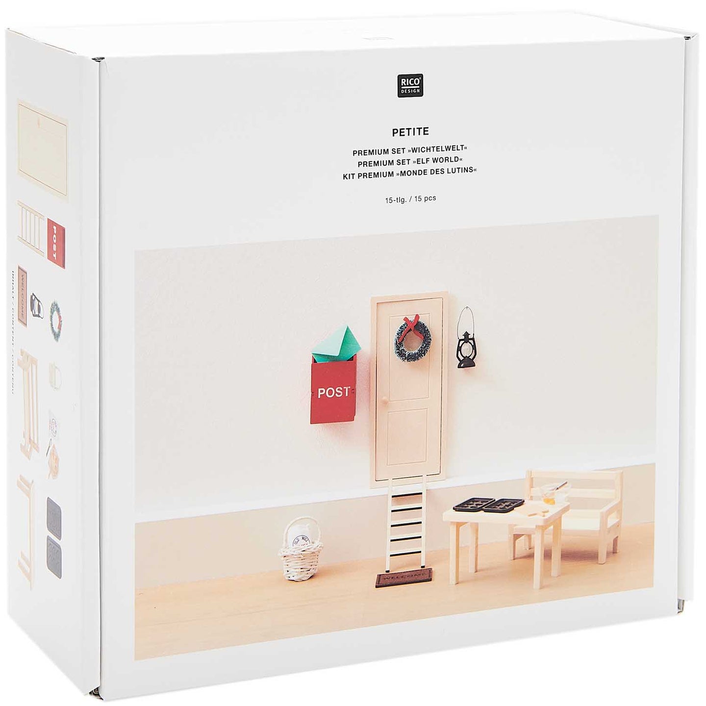 Wichtelwelt Zubehör Set, 15-teiliges Premium Set Mit Wichteltür, Wichtelbriefkasten Wichtel Bank Wichtel Korb Backblech Fußmatte Tisch Leiter Türkranz Laterne Wichteltür aus Holz