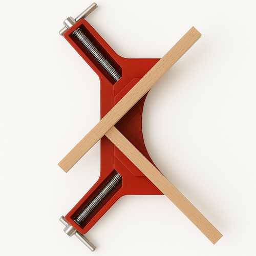 Roter Winkelspanner hält zwei Holzleisten im rechten Winkel – ideales Werkzeug für präzise Holzverbindungen bei DIY-Projekten wie Möbelbau oder Rahmenkonstruktionen.