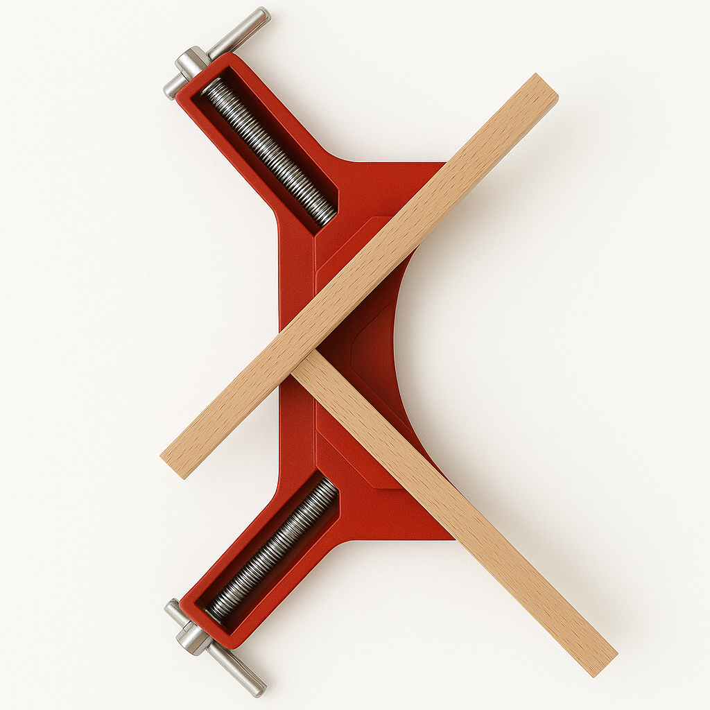 Roter Winkelspanner hält zwei Holzleisten im rechten Winkel – ideales Werkzeug für präzise Holzverbindungen bei DIY-Projekten wie Möbelbau oder Rahmenkonstruktionen.