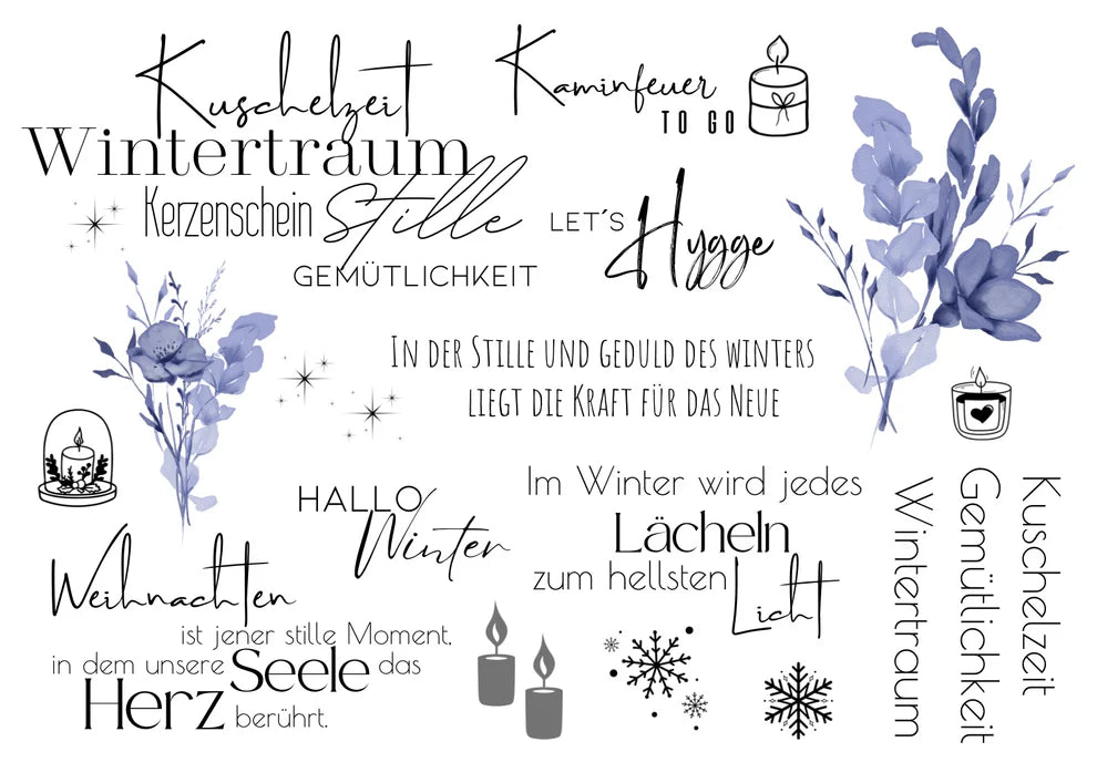 Rub on UV Sticker randlos Winter A5 von easy-sticks, zeigt eine elegante Zusammenstellung von Winter- und Gemütlichkeits-Quotes sowie floralen Elementen, perfekt für kreative Bastelprojekte.