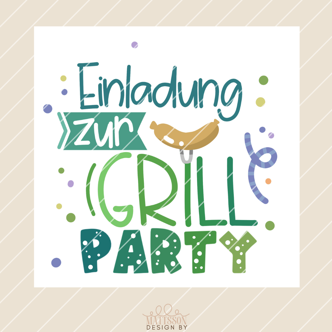 Bunte Einladung zur Grillparty mit dem Titel 'Einladung zur Grillparty Download', vorgestellt von easy-sticks. Die Einladung zeigt fröhliche Schriftarten und eine stilisierte Wurst, perfekt zum Ausdrucken für deine Feier.