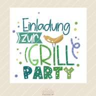 Bunte Einladung zur Grillparty mit dem Titel 'Einladung zur Grillparty Download', vorgestellt von easy-sticks. Die Einladung zeigt fröhliche Schriftarten und eine stilisierte Wurst, perfekt zum Ausdrucken für deine Feier.