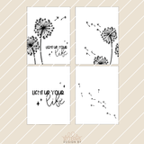Pusteblumen Laterne Bastelidee von easy-sticks: Schwarz-weiße Druckvorlage mit Pusteblumen Motiven und Schriftzug 'Light Up Your Life'.