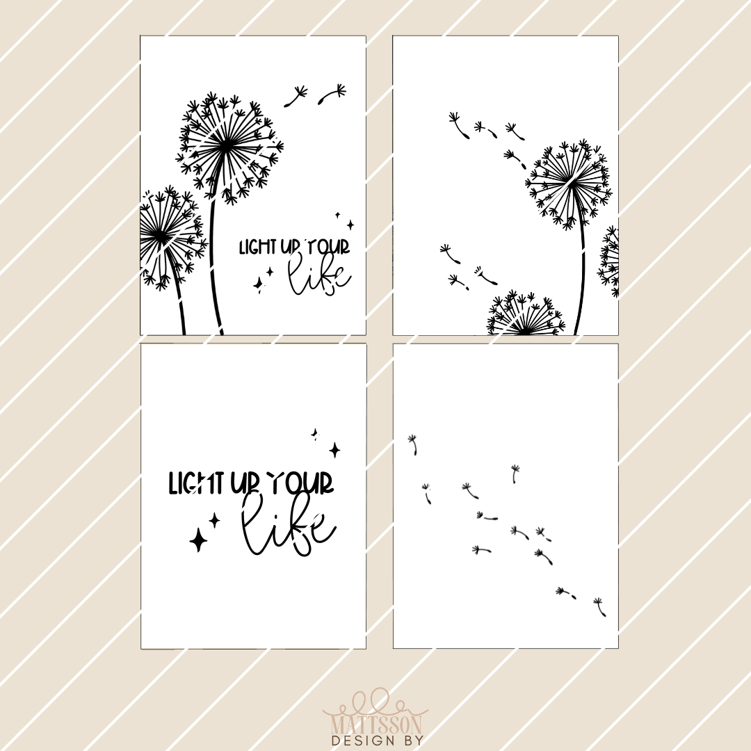 Pusteblumen Laterne Bastelidee von easy-sticks: Schwarz-weiße Druckvorlage mit Pusteblumen Motiven und Schriftzug 'Light Up Your Life'.