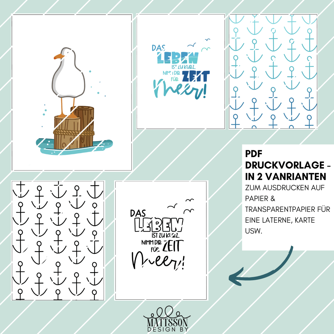 Drei verschiedene maritime Druckvorlagen zur Gestaltung von Laternen von easy-sticks, darunter eine Möwe und Anker-Muster. Ideal zum Ausdrucken auf Papier oder Transparentpapier für kreatives Basteln mit der PDF "Meer" Laterne Easy-Sticks Bastel PDF.